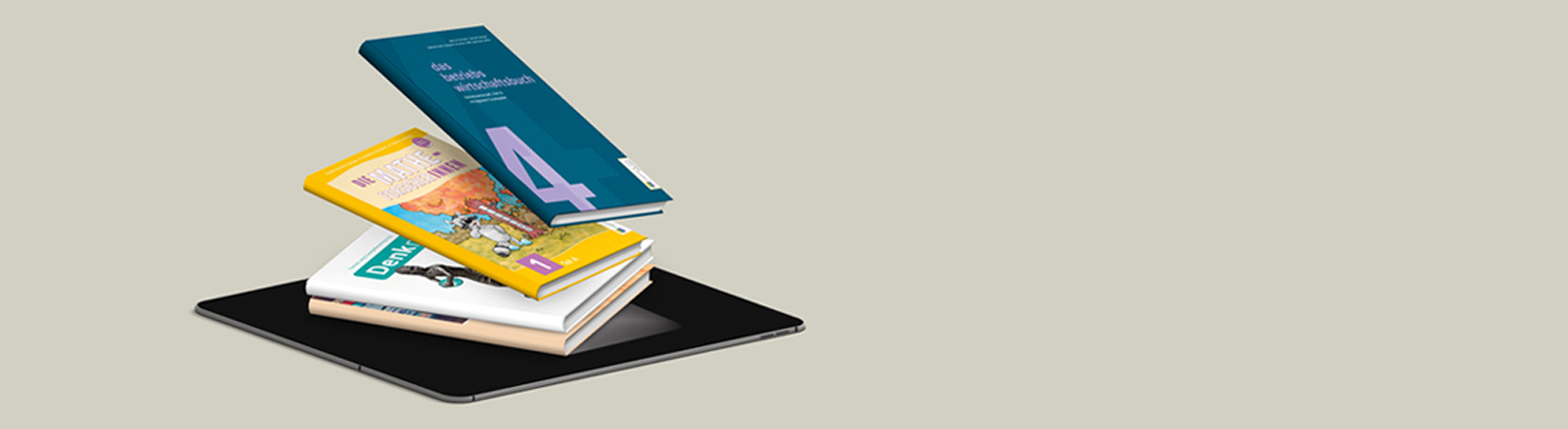 Abbildung eines Tablets mit vier schwebenden Bücher