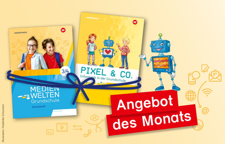 Ein gezeichneter Roboter steht neben den beiden Covern der Hefte "Mit Pixel & Co." und "Medienwelten Grundschule"