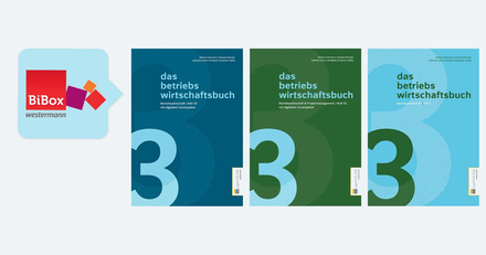 Logo BiBox und drei Schulbuchvoer der Reihe "Das Betriebswirtschaftsbuch 3"