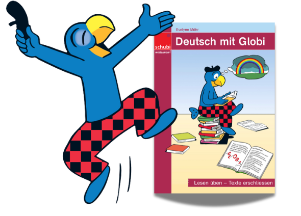 Die Abbildung zeigt den blaue Vogel Globi, der fröhlich vor der neuen Kopiervorlagenmappe