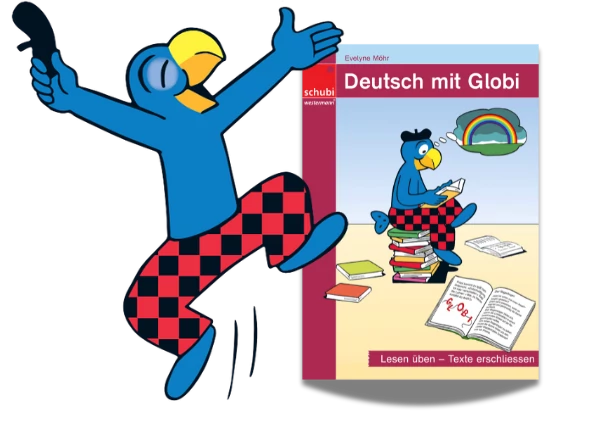 Die Abbildung zeigt den blaue Vogel Globi, der fröhlich vor der neuen Kopiervorlagenmappe