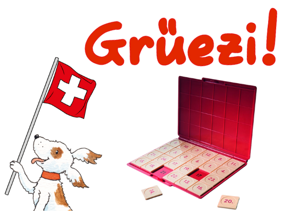 Vordergrund mit Grüezi-Schriftzug und Hund mit Schweizer Fahne.