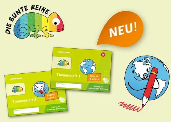 Ein Chamäleon sitzt links oben über dem Cover des Heftes. Rechts daneben ist eine Weltkugel mit einem Gesicht und einem Stift.