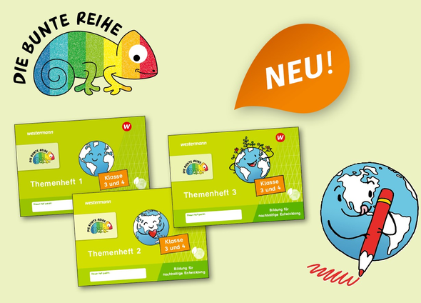 Ein Chamäleon sitzt links oben über 3 Coverabbildungen der Heftreihe